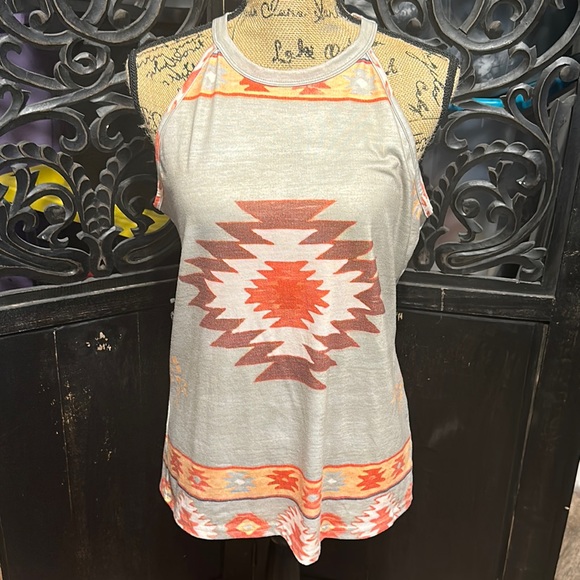 Gray & Rust Southwestern / Aztec / Tribal Boho Sleeveless Tank Top Shirt. - Picture 3 of 9